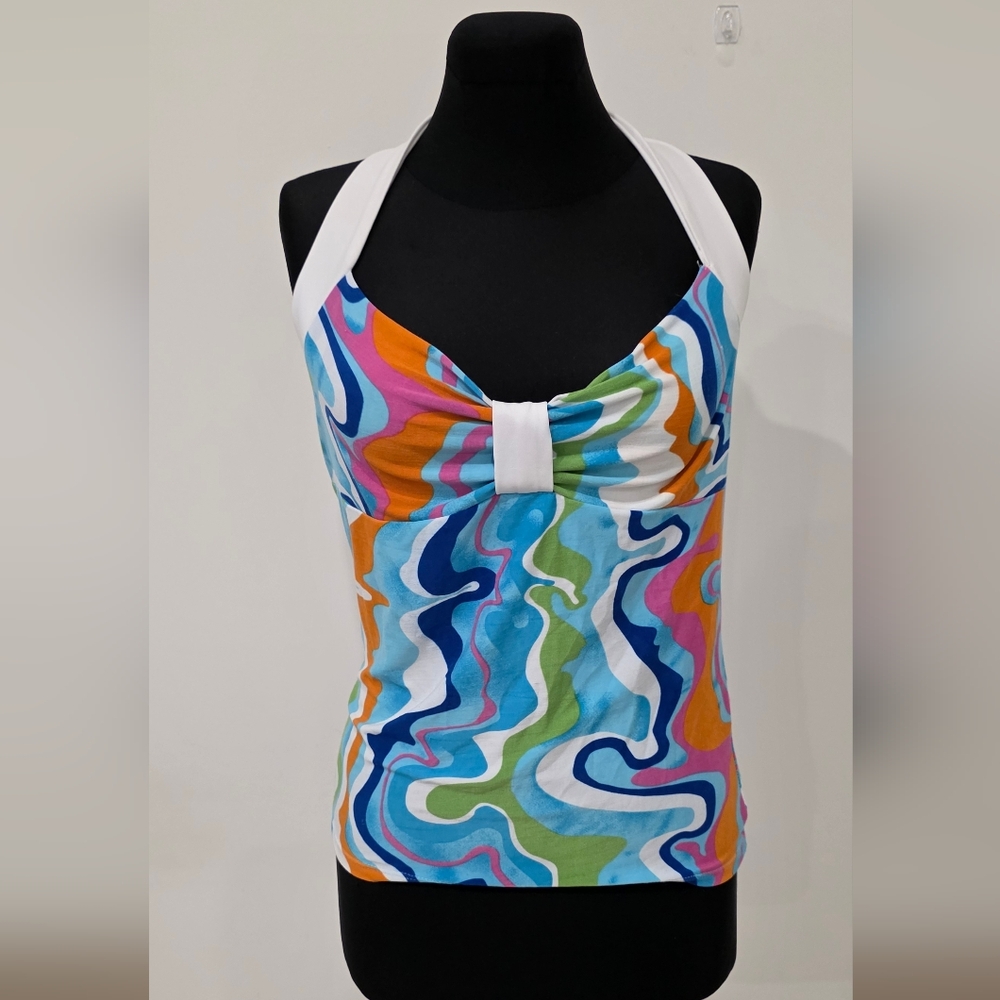 Vintage Y2K Mostaza Turquoise Swirl Pattern Halter Top, L